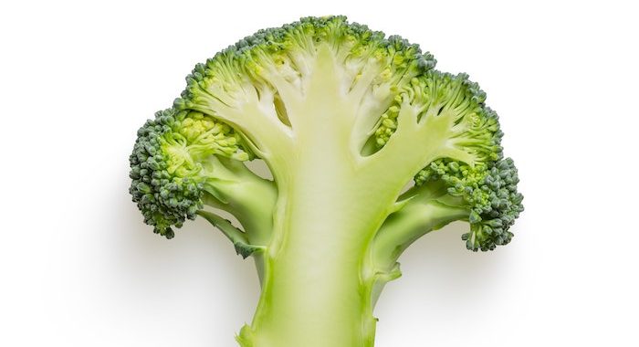 Broccoli floret, sliced, on a white background - Best vegetables to eat for a stressed stomach - Nutrition with Nina blog