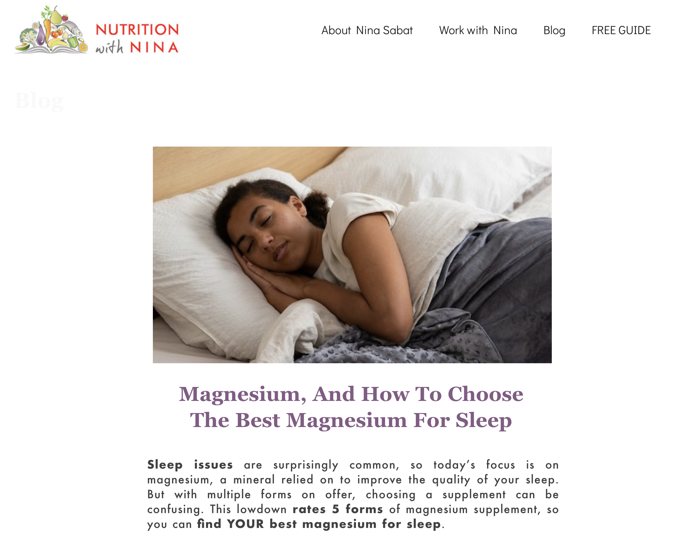 Nutrition-with-Nina-blog-the-best-magnesium-for-sleep Young woman, lying in bed, asleep. Illustrating role of magnesium in supporting sleep